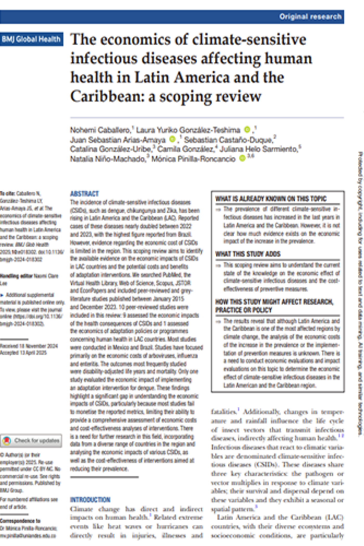 The economics of climate-sensitive infectious diseases affecting human health in Latin America and the Caribbean: a scoping review